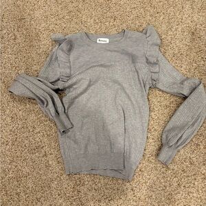 Elegant Gray Crew Neck Sweater with Ruffle Detail